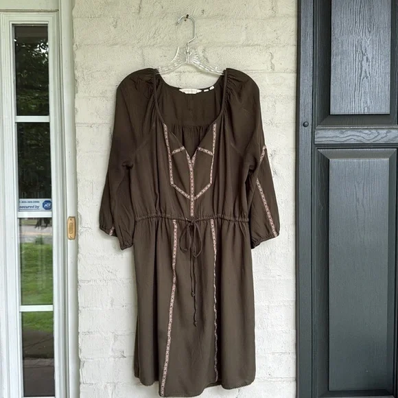 Anthropologie Edme and Esyllte Olive Peasant Boho  Dress W Ribbon Trim Medium - Picture 4 of 12
